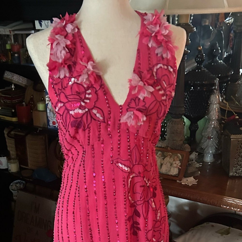 Hot Pink Floral Sequined Prom Gown - Picture 6 of 16